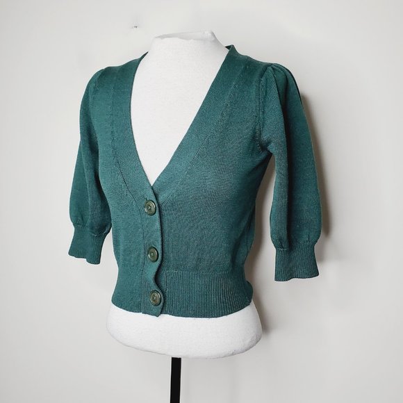 CLUB MONACO 100% Italian Merino Wool Preppy Cropped Puff Sleeve Cardigan - Picture 5 of 12